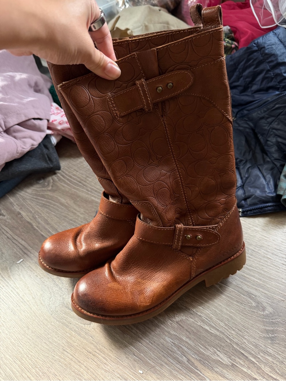 Coach Cognac Brown Embossed Leather Mid-Calf Boots